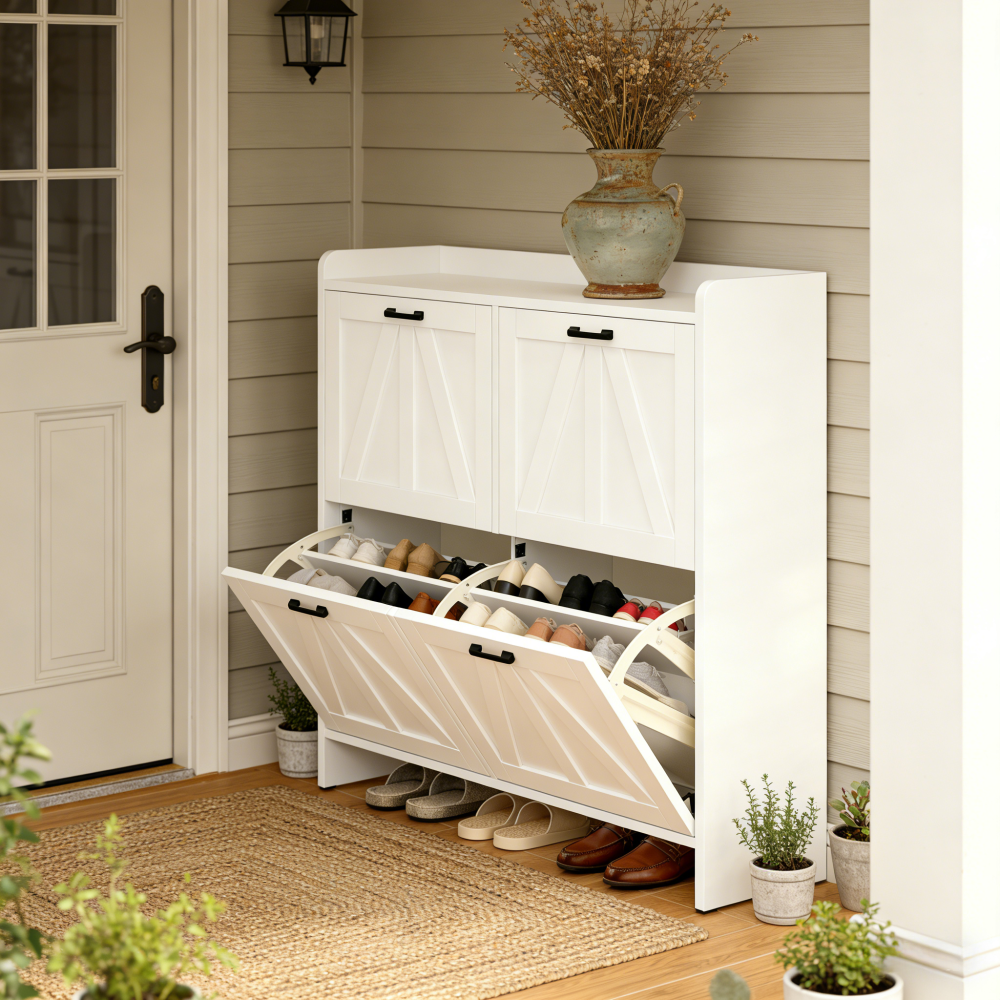 White Modern Fence Shoe Cabinet with 4 Flip Drawers, Sleek Space-Saving Entryway Organizer for Living Room