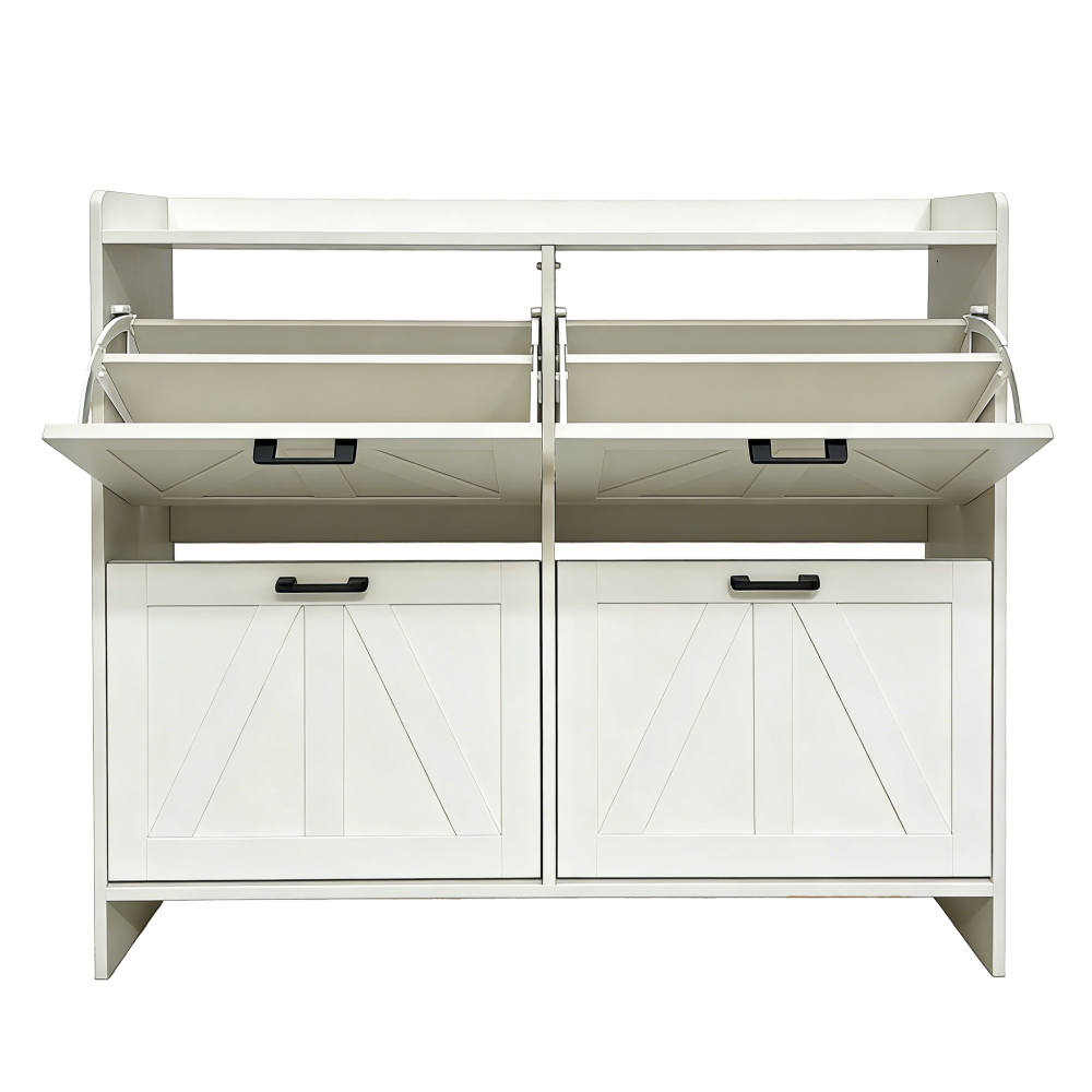 White Modern Fence Shoe Cabinet with 4 Flip Drawers, Sleek Space-Saving Entryway Organizer for Living Room