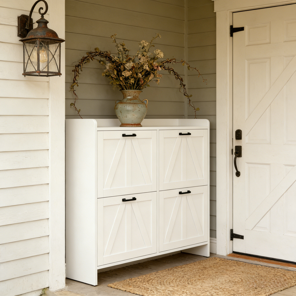 White Modern Fence Shoe Cabinet with 4 Flip Drawers, Sleek Space-Saving Entryway Organizer for Living Room