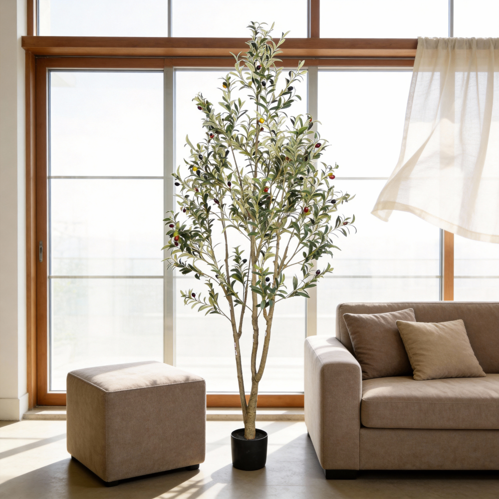 7FT Artificial Olive Tree for Home Decor, Large Faux Potted Plant with Silk Leaves & Realistic Trunk, Lifelike Greenery for Living Room Office Corner, Modern Indoor Outdoor Decoration (1PC)