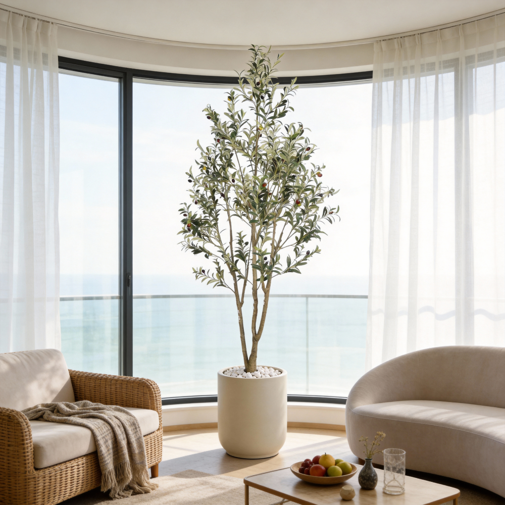7FT Artificial Olive Tree for Home Decor, Large Faux Potted Plant with Silk Leaves & Realistic Trunk, Lifelike Greenery for Living Room Office Corner, Modern Indoor Outdoor Decoration (1PC)