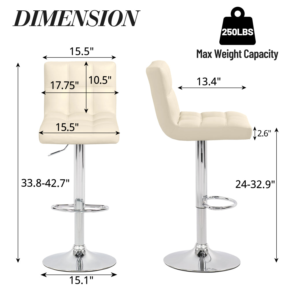Set of 2 Adjustable Height PU Bar Stools with Trumpet Base, Ergonomic Counter Height Chairs with Comfortable Cushioned Seat, Modern Metal Frame for Restaurant, Living Room, Coffee Shop (Beige)