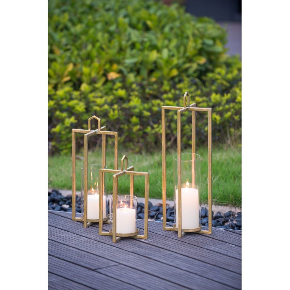 Set of 3 Open Face Gold Candleholder Lanterns for Table Mantle, Rustic Iron Decorative Candle Lanterns for Farmhouse Glam Home Decor, 4.9 x 4.9 x 11-18.7 Inches