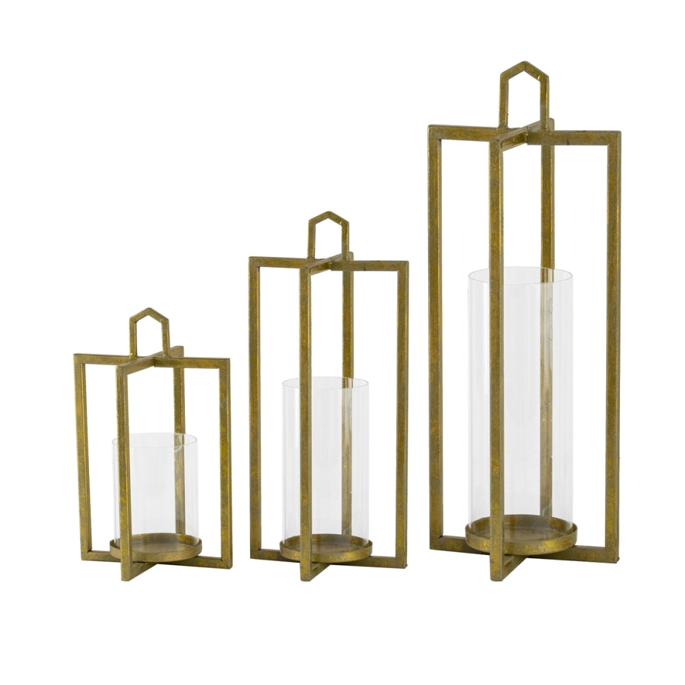 Set of 3 Open Face Gold Candleholder Lanterns for Table Mantle, Rustic Iron Decorative Candle Lanterns for Farmhouse Glam Home Decor, 4.9 x 4.9 x 11-18.7 Inches