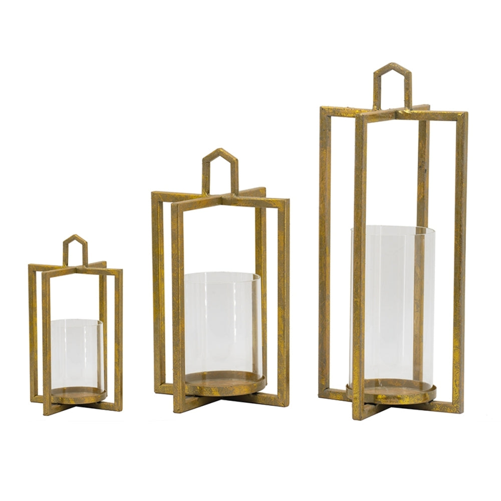 Set of 3 Open Face Gold Candleholder Lanterns for Table Mantle, Rustic Iron Decorative Candle Lanterns for Farmhouse Glam Home Decor, 4.9 x 4.9 x 11-18.7 Inches