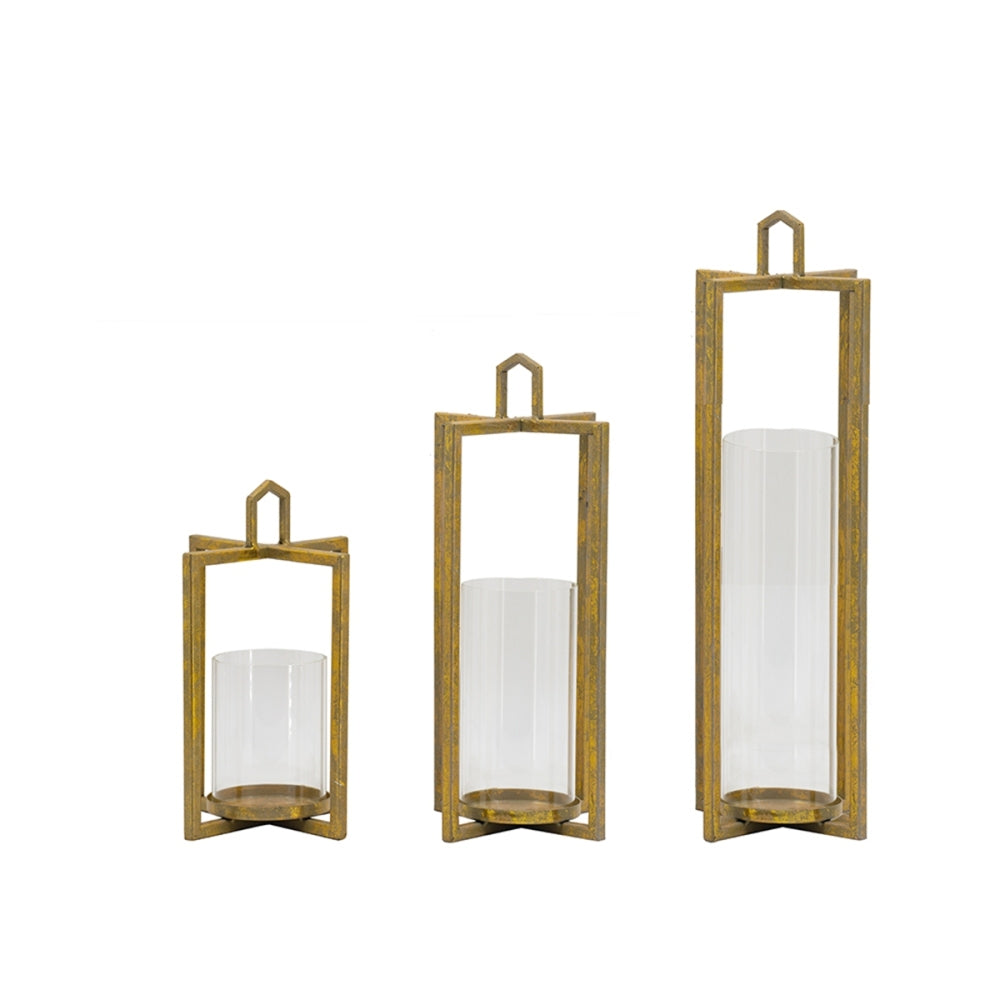 Set of 3 Open Face Gold Candleholder Lanterns for Table Mantle, Rustic Iron Decorative Candle Lanterns for Farmhouse Glam Home Decor, 4.9 x 4.9 x 11-18.7 Inches