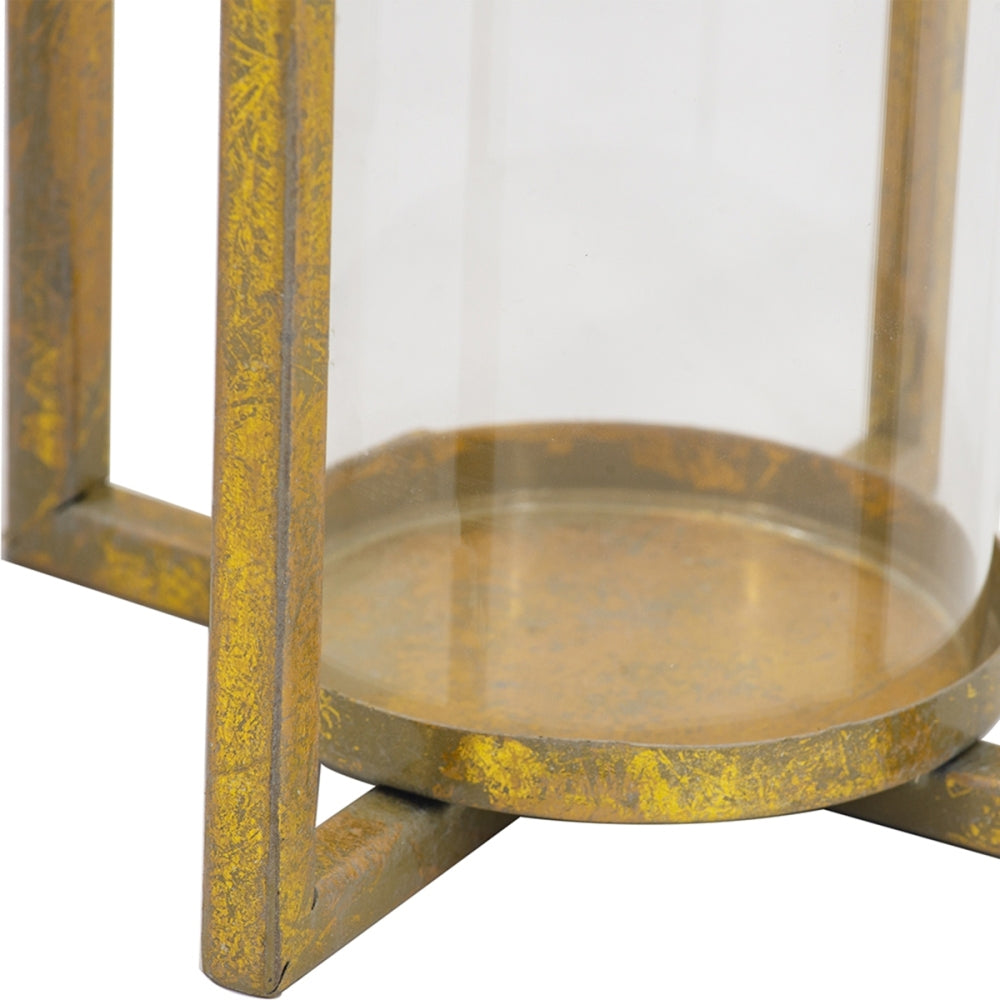 Set of 3 Open Face Gold Candleholder Lanterns for Table Mantle, Rustic Iron Decorative Candle Lanterns for Farmhouse Glam Home Decor, 4.9 x 4.9 x 11-18.7 Inches