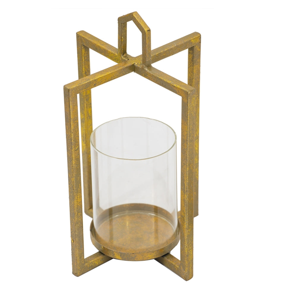 Set of 3 Open Face Gold Candleholder Lanterns for Table Mantle, Rustic Iron Decorative Candle Lanterns for Farmhouse Glam Home Decor, 4.9 x 4.9 x 11-18.7 Inches