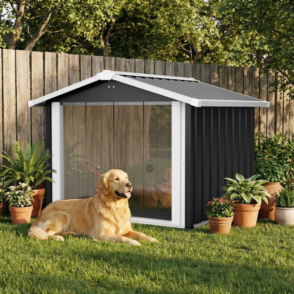 2-in-1 Metal Dog House & Storage Shed | 39.7" Large Outdoor Shelter for Medium-Large Dogs | Weatherproof Pet House with PVC Door & Vent | Heavy Duty Garden Storage for Tools | Black