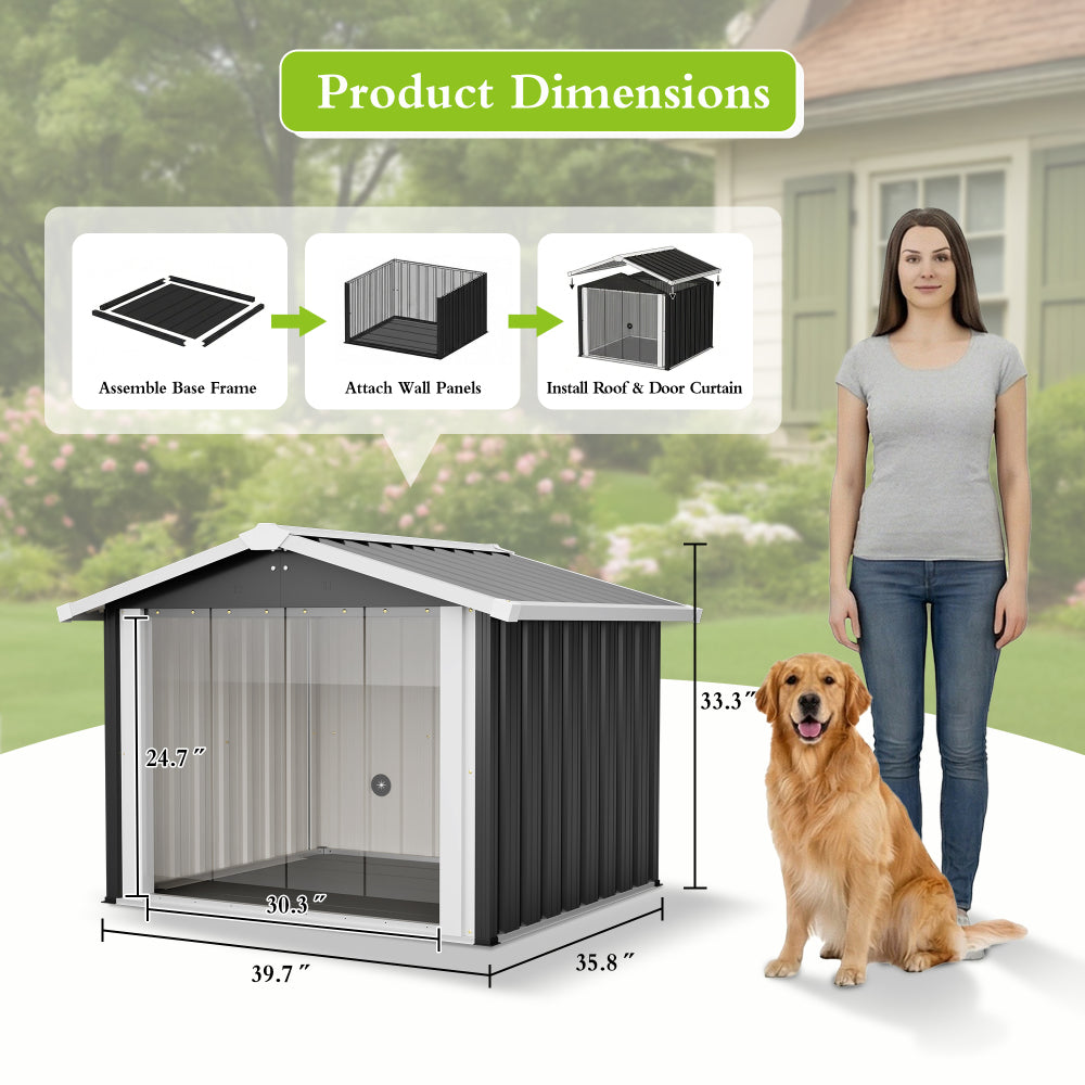 2-in-1 Metal Dog House & Storage Shed | 39.7" Large Outdoor Shelter for Medium-Large Dogs | Weatherproof Pet House with PVC Door & Vent | Heavy Duty Garden Storage for Tools | Black