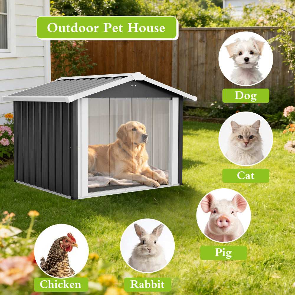 2-in-1 Metal Dog House & Storage Shed | 39.7" Large Outdoor Shelter for Medium-Large Dogs | Weatherproof Pet House with PVC Door & Vent | Heavy Duty Garden Storage for Tools | Black