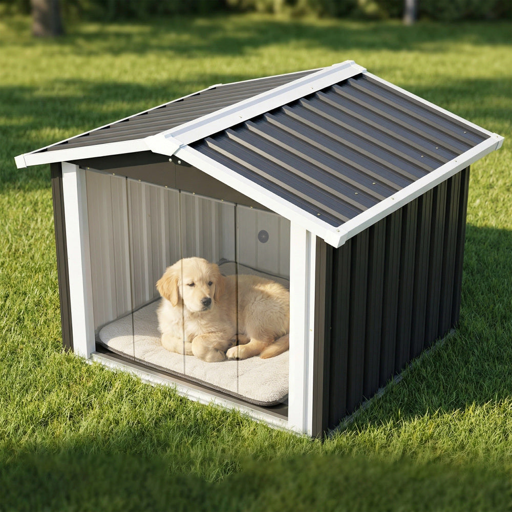 2-in-1 Metal Dog House & Storage Shed | 39.7" Large Outdoor Shelter for Medium-Large Dogs | Weatherproof Pet House with PVC Door & Vent | Heavy Duty Garden Storage for Tools | Black