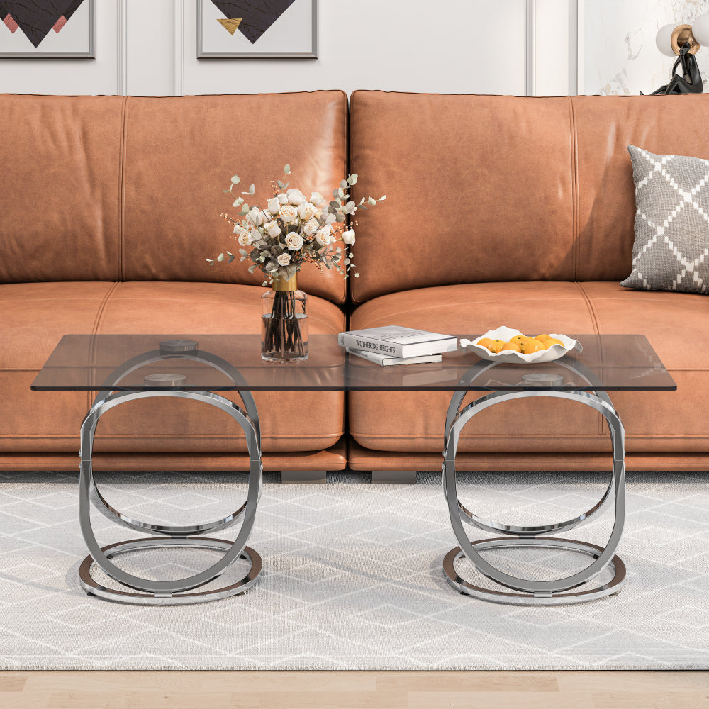 31.5'' Modern Rectangle Glass Coffee Table with Ring-Shaped Frames, Chrome Finish & Gray Tempered Glass, Luxury Center Table for Living Room, Bedroom, Office, Silver