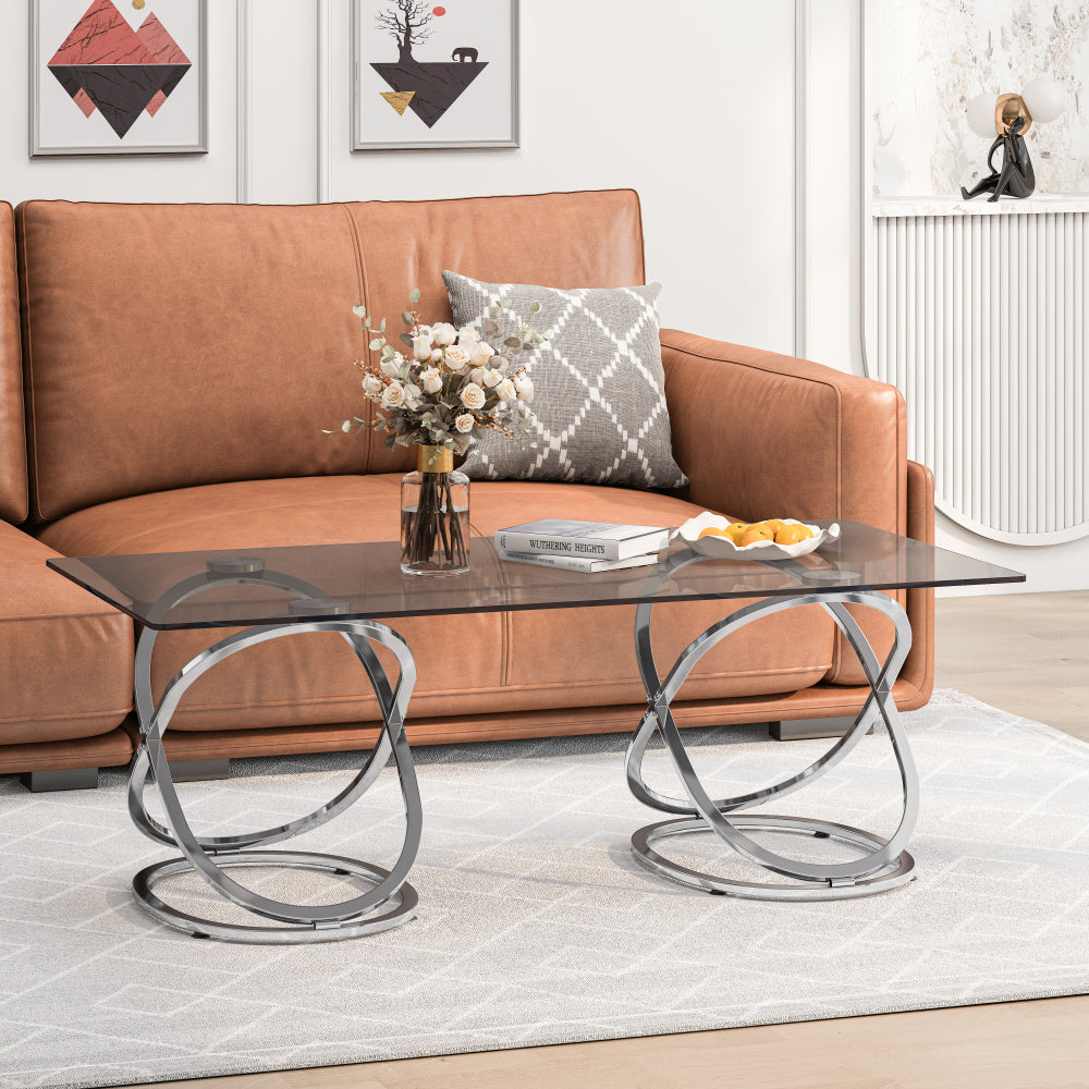 31.5'' Modern Rectangle Glass Coffee Table with Ring-Shaped Frames, Chrome Finish & Gray Tempered Glass, Luxury Center Table for Living Room, Bedroom, Office, Silver