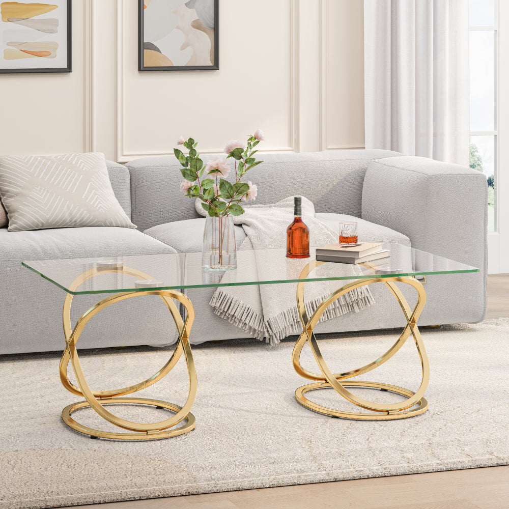 31.5'' Modern Rectangle Glass Coffee Table with Ring-Shaped Frames, Gold Metal Frame & Clear Tempered Glass, Luxury Center Table for Living Room, Bedroom, Office, Gold