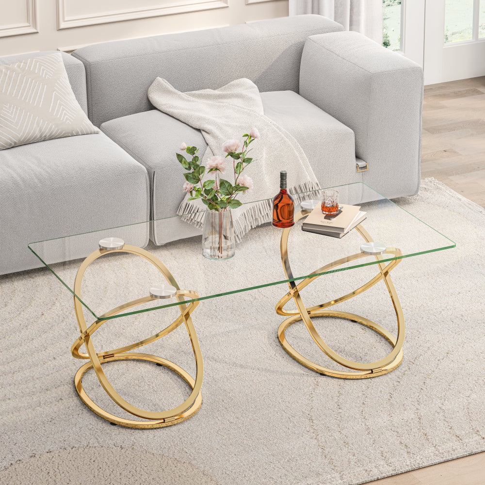 31.5'' Modern Rectangle Glass Coffee Table with Ring-Shaped Frames, Gold Metal Frame & Clear Tempered Glass, Luxury Center Table for Living Room, Bedroom, Office, Gold