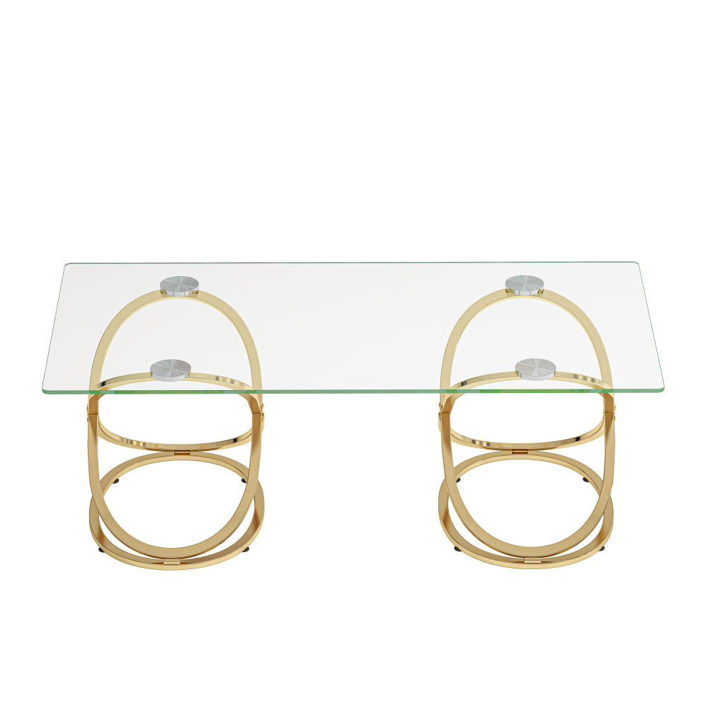 31.5'' Modern Rectangle Glass Coffee Table with Ring-Shaped Frames, Gold Metal Frame & Clear Tempered Glass, Luxury Center Table for Living Room, Bedroom, Office, Gold