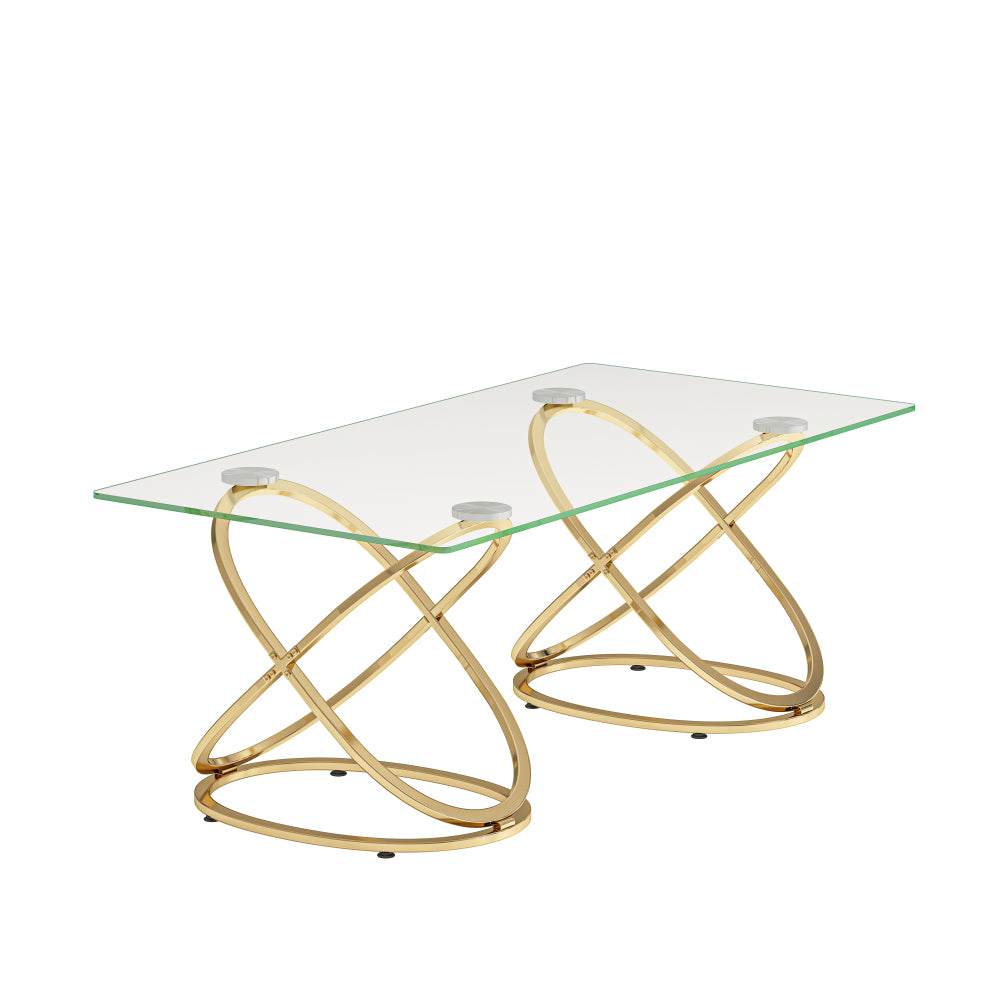 31.5'' Modern Rectangle Glass Coffee Table with Ring-Shaped Frames, Gold Metal Frame & Clear Tempered Glass, Luxury Center Table for Living Room, Bedroom, Office, Gold