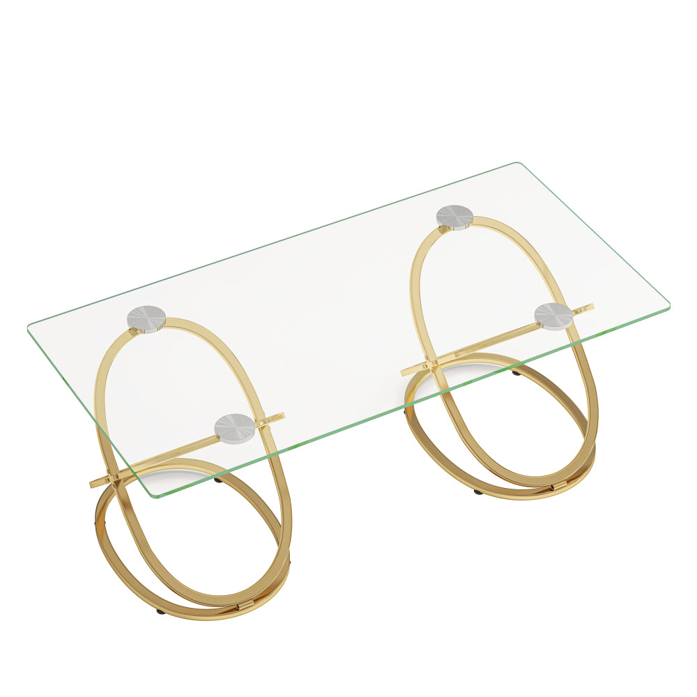 31.5'' Modern Rectangle Glass Coffee Table with Ring-Shaped Frames, Gold Metal Frame & Clear Tempered Glass, Luxury Center Table for Living Room, Bedroom, Office, Gold
