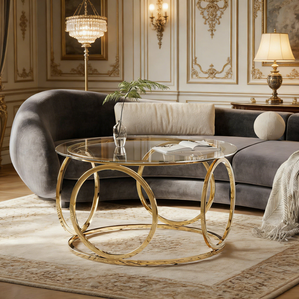 31.5" Modern Round Glass Top Coffee Table with Circular Metal Frame, Contemporary Accent Center Table for Living Room, Office, and Lounge (Clear Glass + Gold Frame)