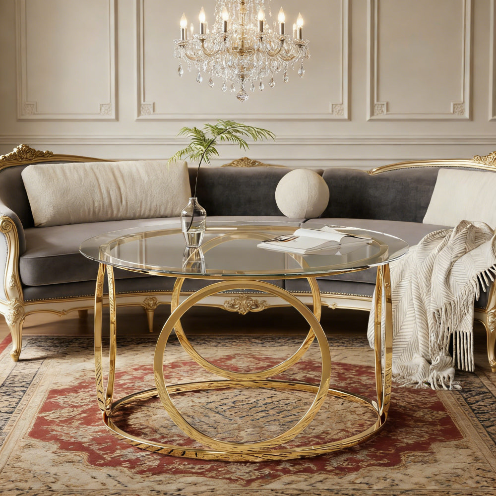 31.5" Modern Round Glass Top Coffee Table with Circular Metal Frame, Contemporary Accent Center Table for Living Room, Office, and Lounge (Clear Glass + Gold Frame)