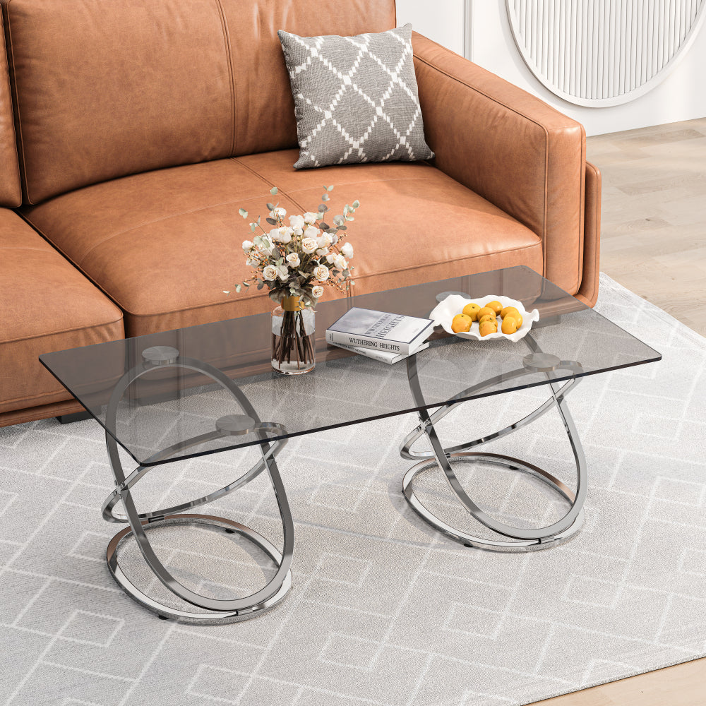 31.5'' Modern Rectangle Glass Coffee Table with Ring-Shaped Frames, Chrome Finish & Gray Tempered Glass, Luxury Center Table for Living Room, Bedroom, Office, Silver