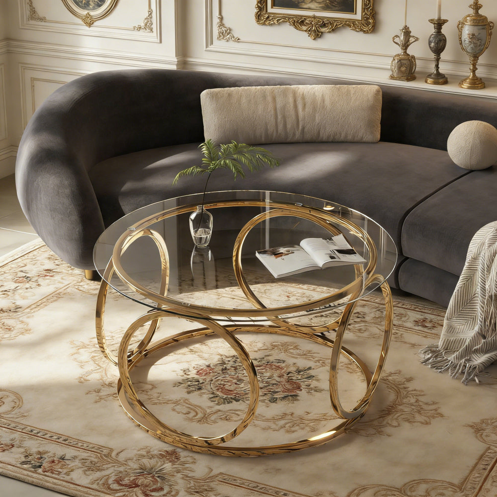 31.5" Modern Round Glass Top Coffee Table with Circular Metal Frame, Contemporary Accent Center Table for Living Room, Office, and Lounge (Clear Glass + Gold Frame)