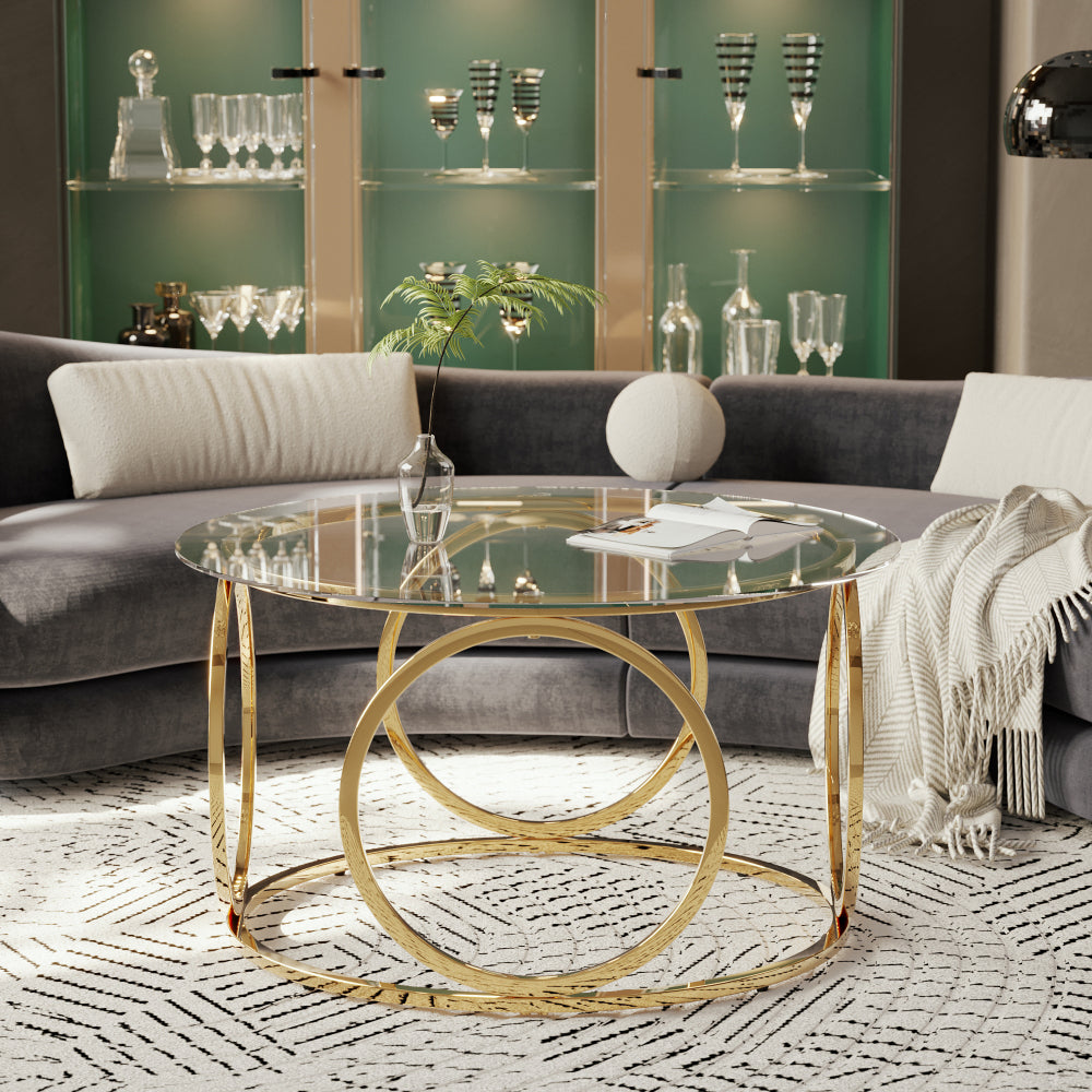31.5" Modern Round Glass Top Coffee Table with Circular Metal Frame, Contemporary Accent Center Table for Living Room, Office, and Lounge (Clear Glass + Gold Frame)