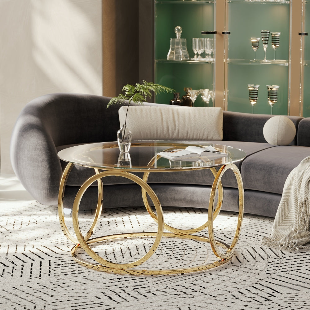 31.5" Modern Round Glass Top Coffee Table with Circular Metal Frame, Contemporary Accent Center Table for Living Room, Office, and Lounge (Clear Glass + Gold Frame)