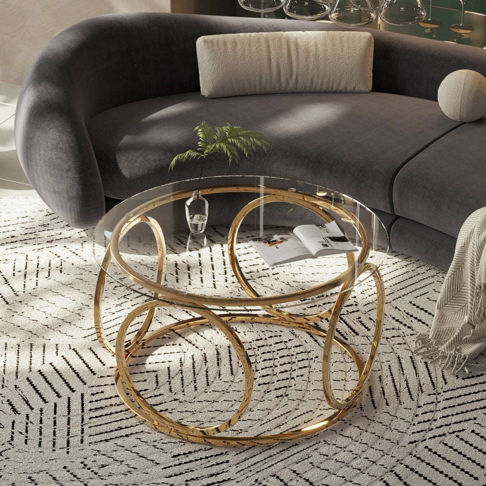31.5" Modern Round Glass Top Coffee Table with Circular Metal Frame, Contemporary Accent Center Table for Living Room, Office, and Lounge (Clear Glass + Gold Frame)