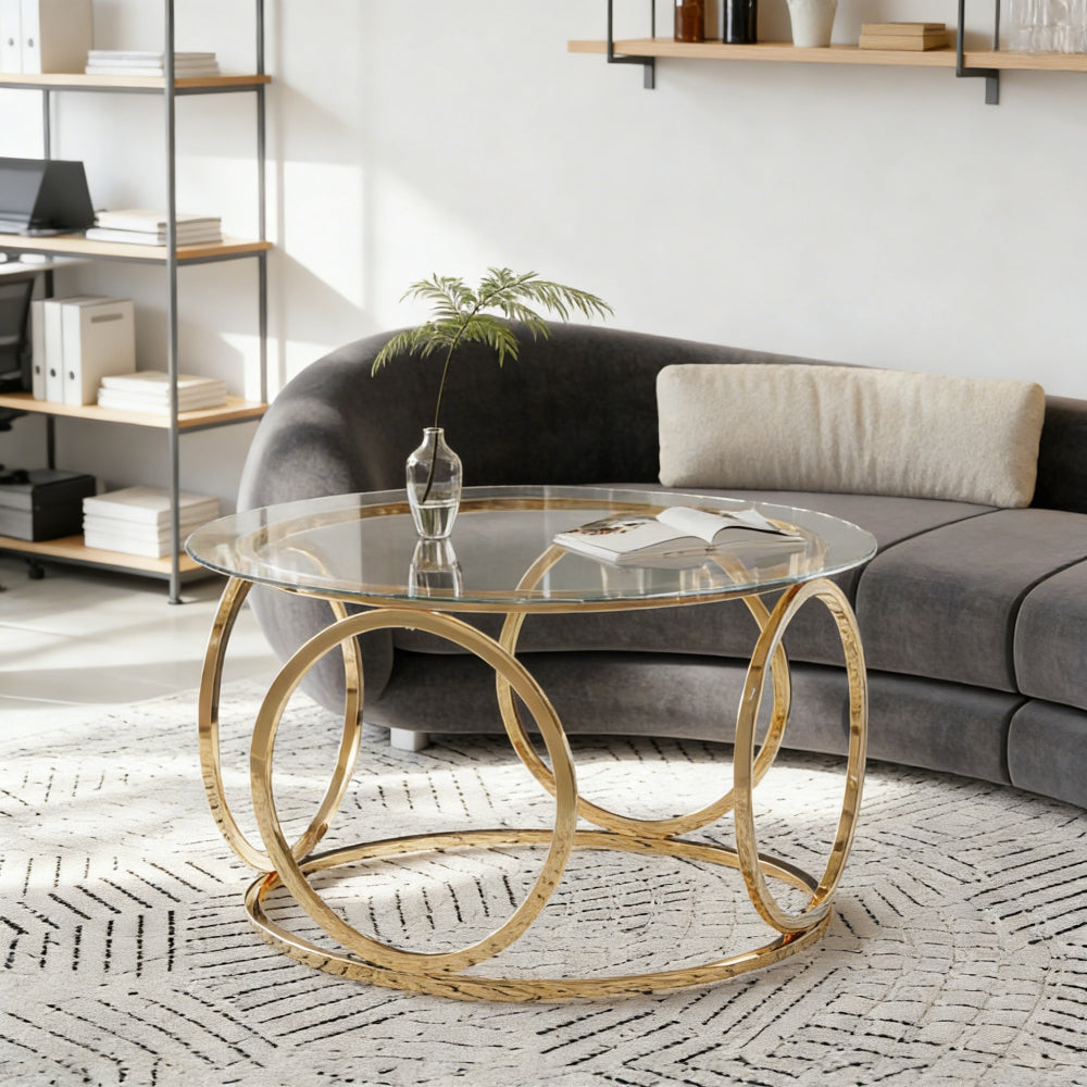 31.5" Modern Round Glass Top Coffee Table with Circular Metal Frame, Contemporary Accent Center Table for Living Room, Office, and Lounge (Clear Glass + Gold Frame)
