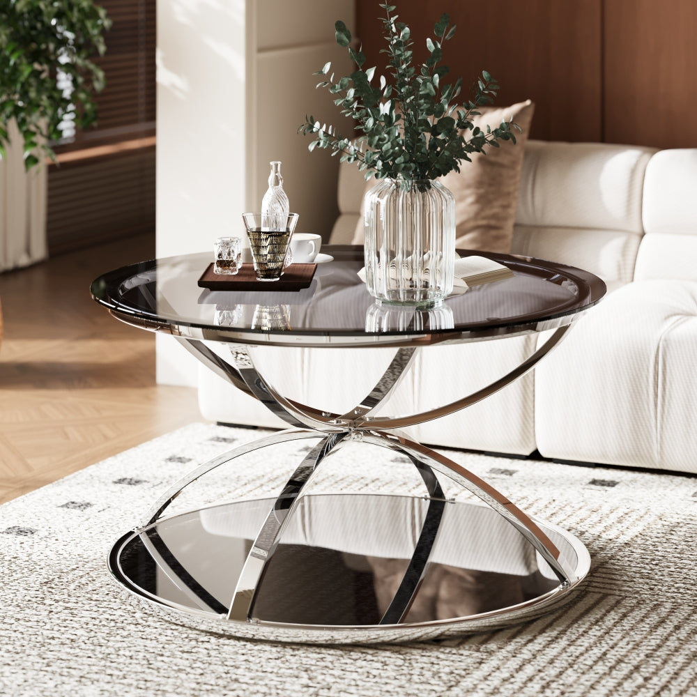 31.5'' Modern Round Glass Coffee Table, 2-Tier Ring Frame with Chrome Finish & Gray Tempered Glass, Silver Center Table for Living Room, Bedroom, Office