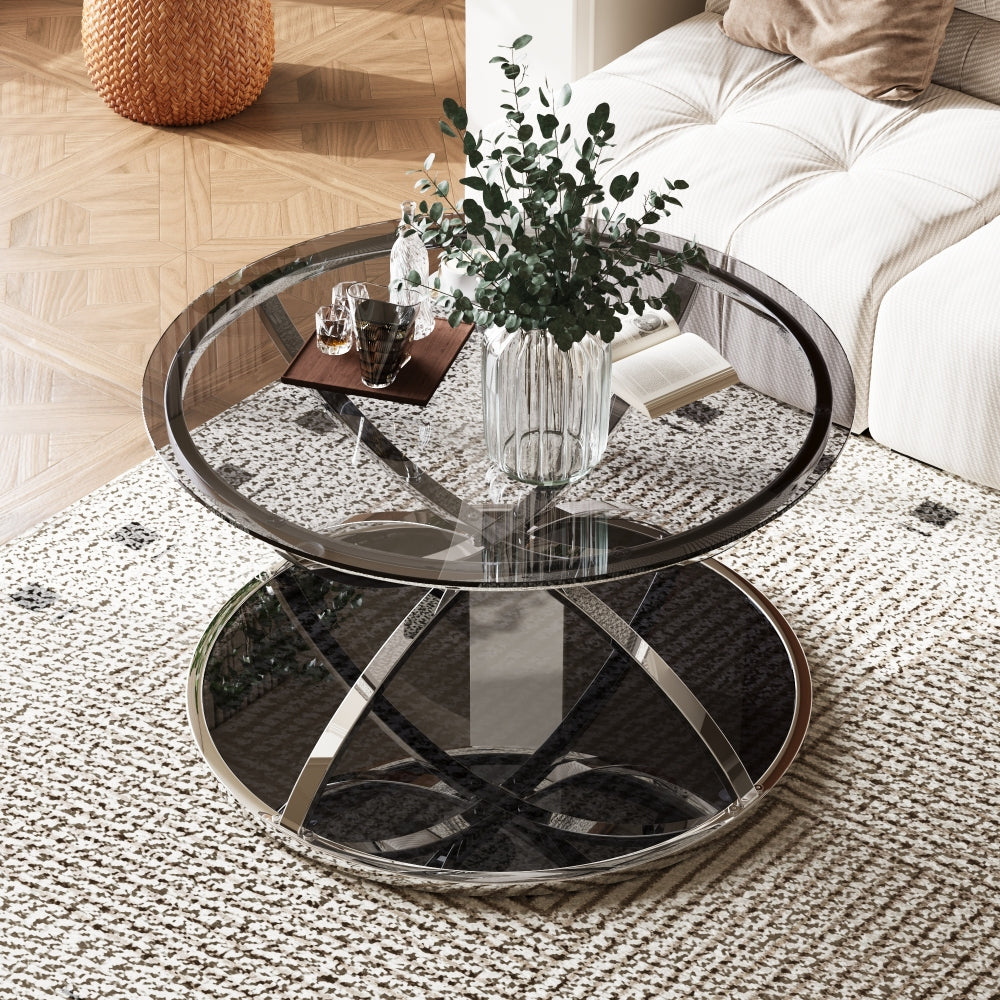 31.5'' Modern Round Glass Coffee Table, 2-Tier Ring Frame with Chrome Finish & Gray Tempered Glass, Silver Center Table for Living Room, Bedroom, Office