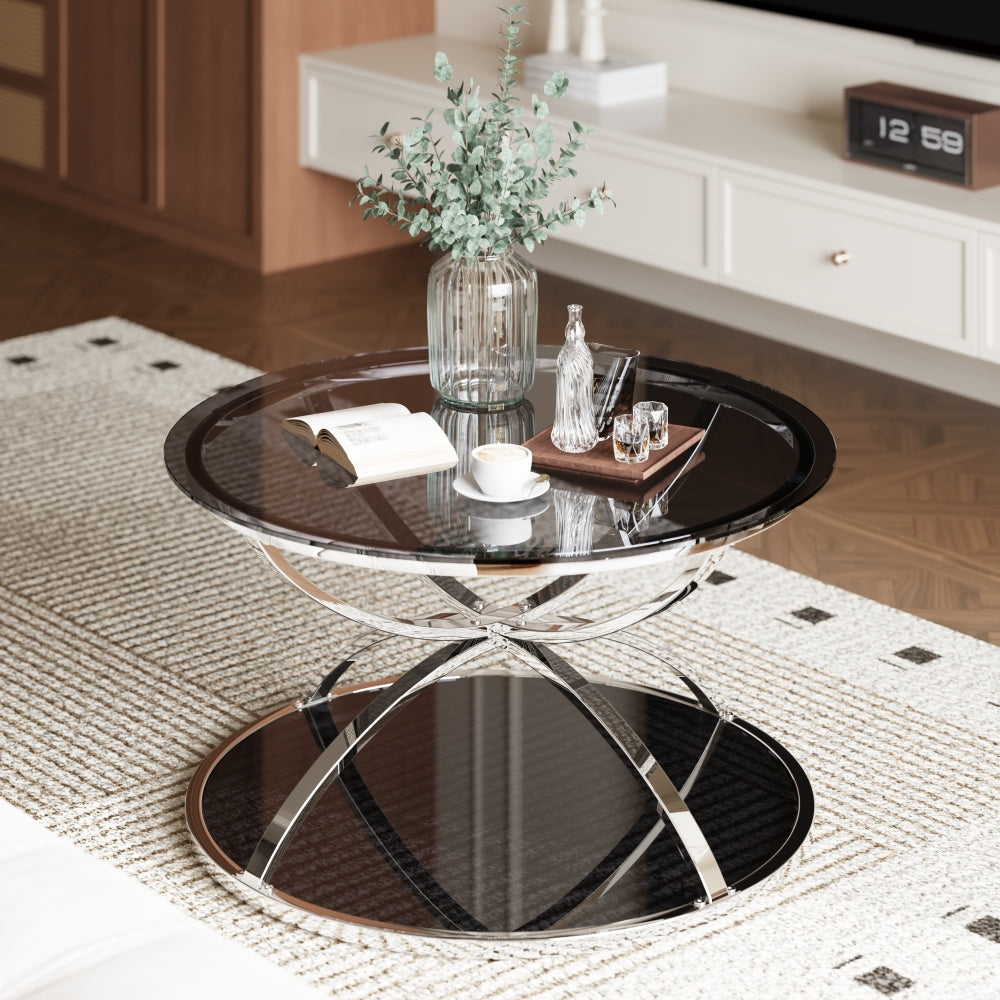 31.5'' Modern Round Glass Coffee Table, 2-Tier Ring Frame with Chrome Finish & Gray Tempered Glass, Silver Center Table for Living Room, Bedroom, Office