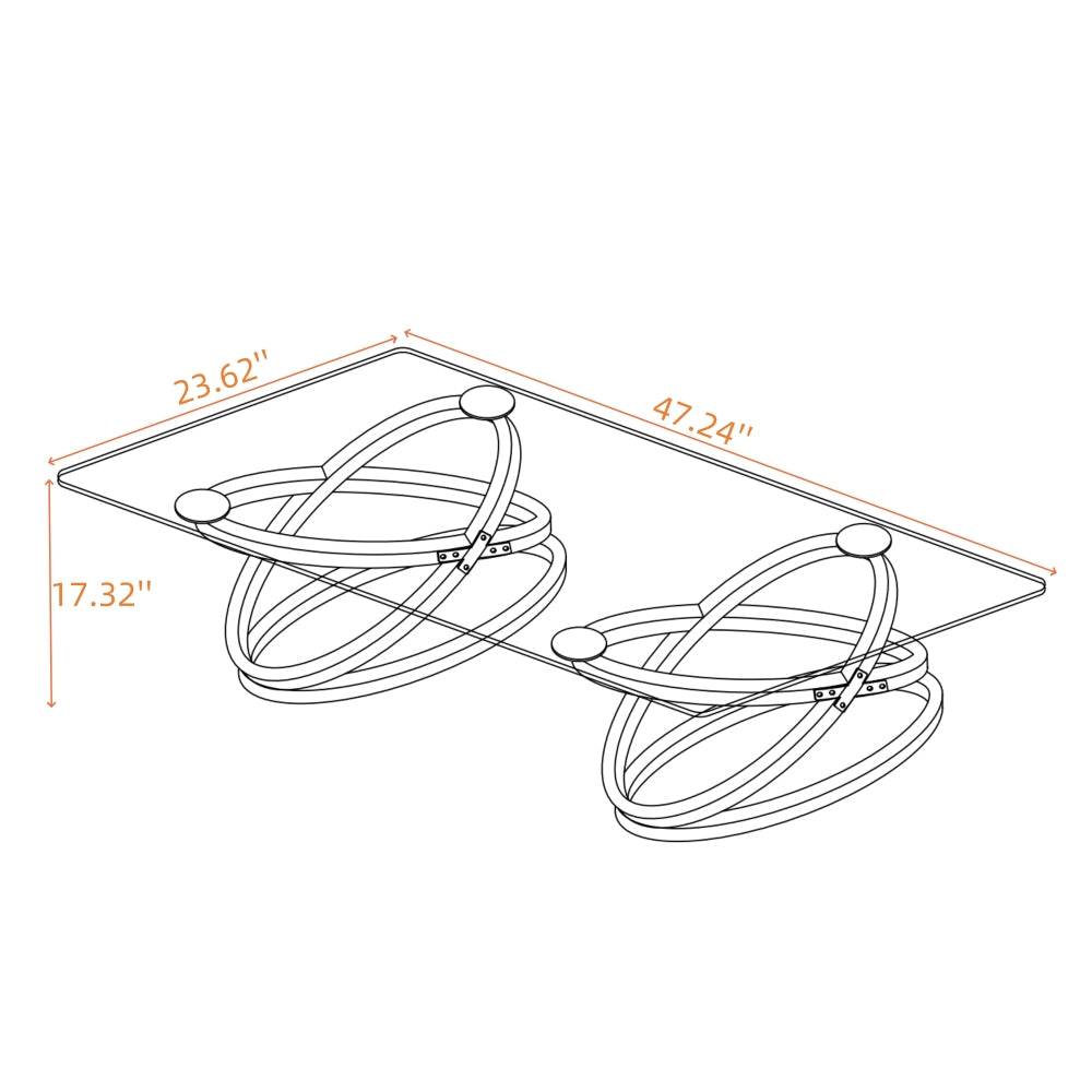 31.5'' Modern Rectangle Glass Coffee Table with Ring-Shaped Frames, Chrome Finish & Gray Tempered Glass, Luxury Center Table for Living Room, Bedroom, Office, Silver
