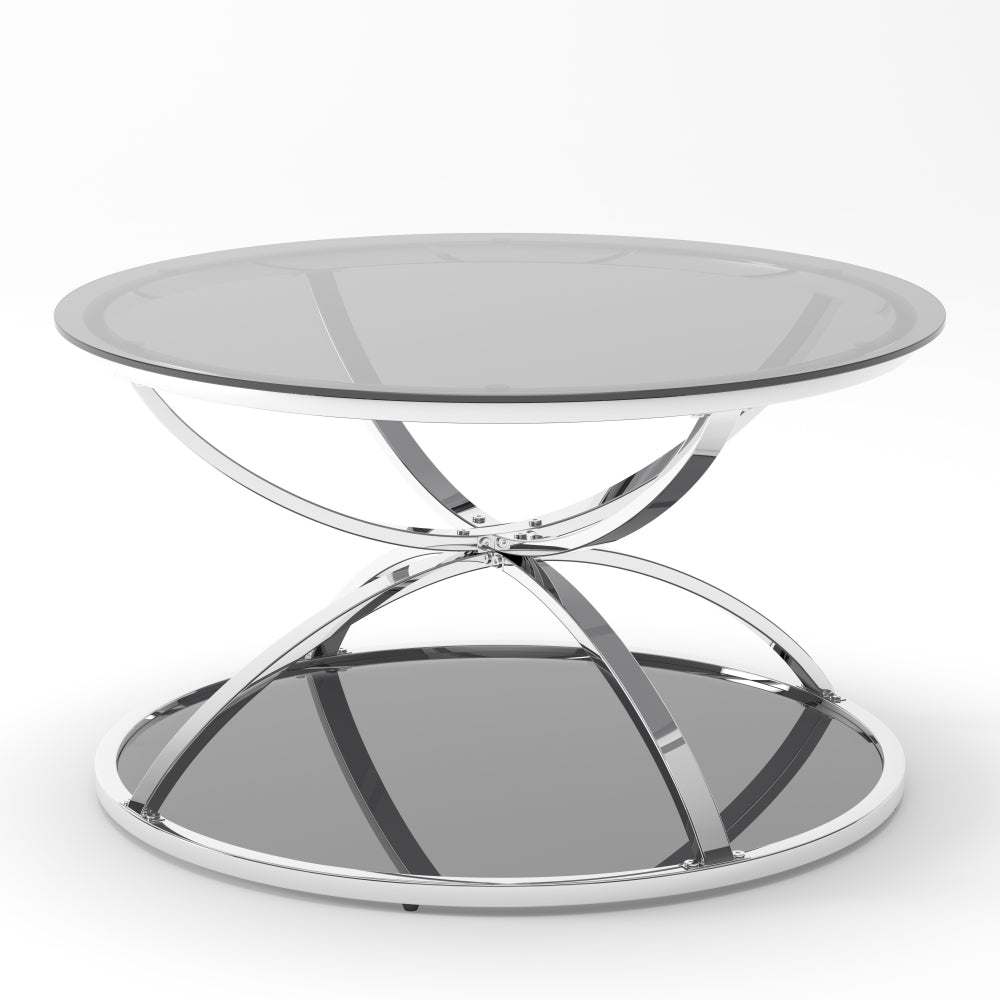 31.5'' Modern Round Glass Coffee Table, 2-Tier Ring Frame with Chrome Finish & Gray Tempered Glass, Silver Center Table for Living Room, Bedroom, Office