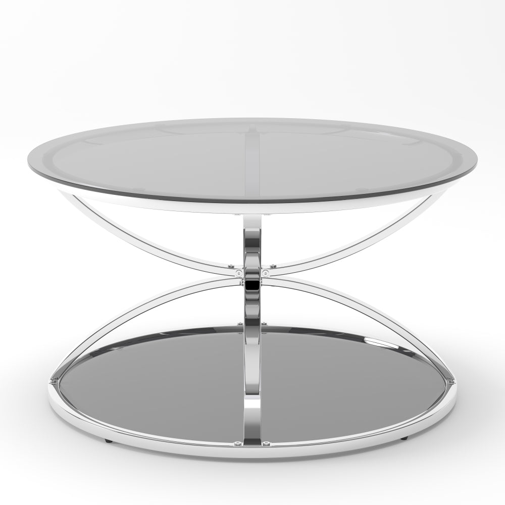 31.5'' Modern Round Glass Coffee Table, 2-Tier Ring Frame with Chrome Finish & Gray Tempered Glass, Silver Center Table for Living Room, Bedroom, Office
