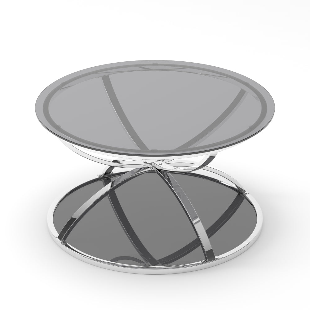 31.5'' Modern Round Glass Coffee Table, 2-Tier Ring Frame with Chrome Finish & Gray Tempered Glass, Silver Center Table for Living Room, Bedroom, Office