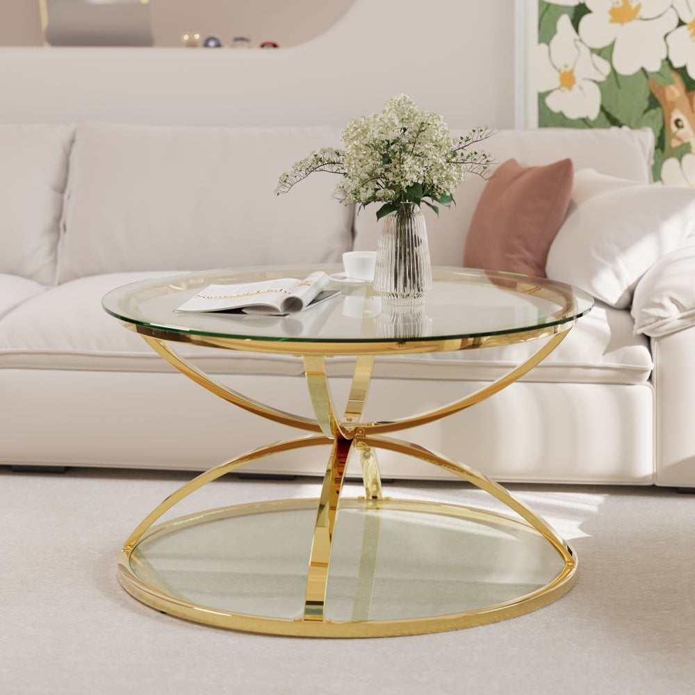 31.5’’ Modern Round Glass Coffee Table, 2-Tier Gold Metal Frame with Clear Tempered Glass, Ring-Shaped Design, Easy Assembly Center Table for Living Room, Bedroom, Office