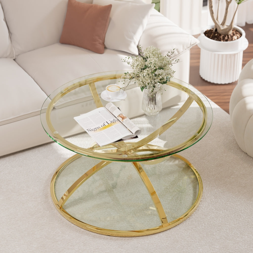 31.5’’ Modern Round Glass Coffee Table, 2-Tier Gold Metal Frame with Clear Tempered Glass, Ring-Shaped Design, Easy Assembly Center Table for Living Room, Bedroom, Office