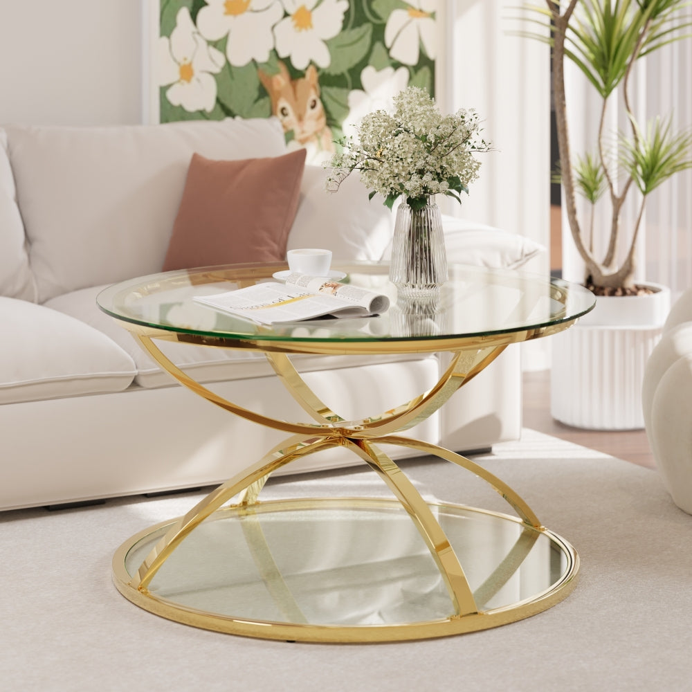 31.5’’ Modern Round Glass Coffee Table, 2-Tier Gold Metal Frame with Clear Tempered Glass, Ring-Shaped Design, Easy Assembly Center Table for Living Room, Bedroom, Office