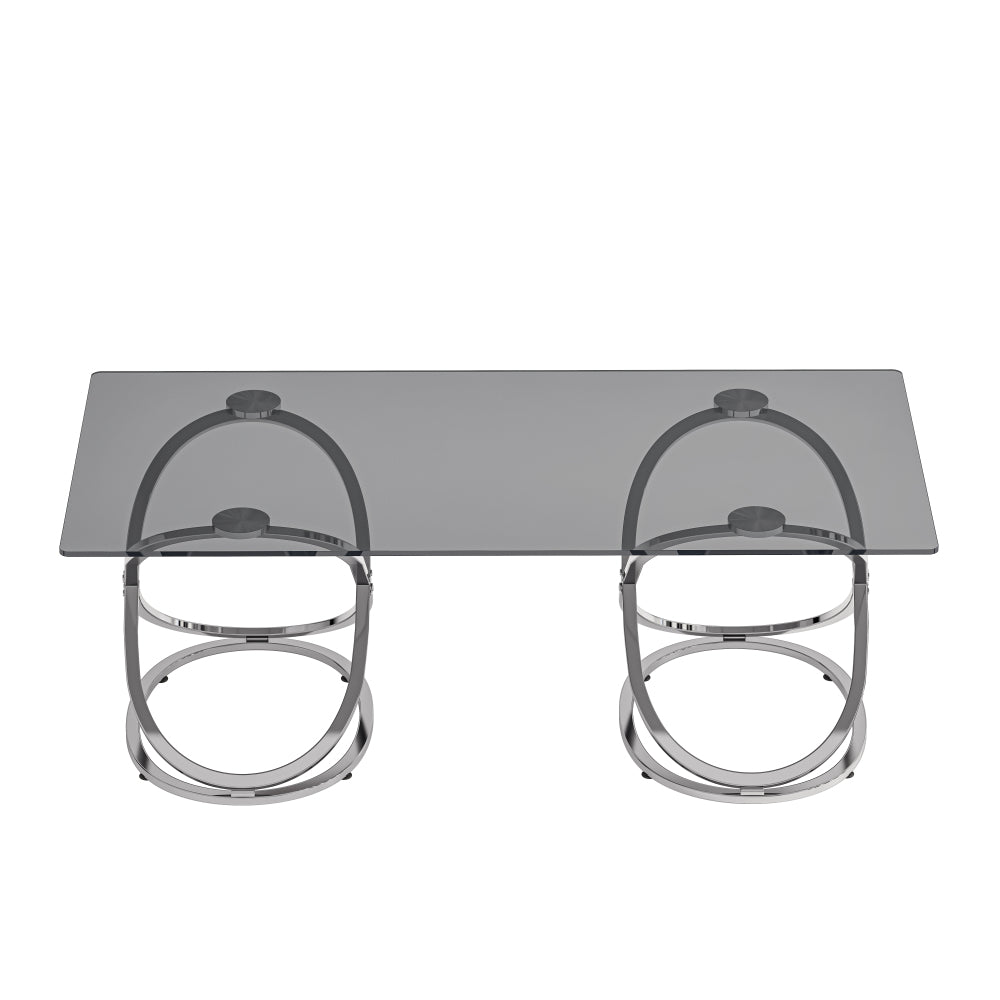 31.5'' Modern Rectangle Glass Coffee Table with Ring-Shaped Frames, Chrome Finish & Gray Tempered Glass, Luxury Center Table for Living Room, Bedroom, Office, Silver