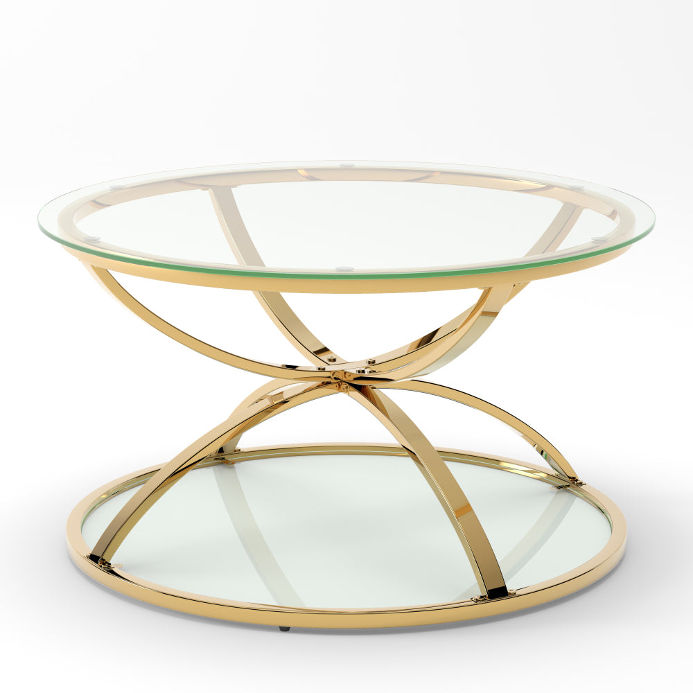 31.5’’ Modern Round Glass Coffee Table, 2-Tier Gold Metal Frame with Clear Tempered Glass, Ring-Shaped Design, Easy Assembly Center Table for Living Room, Bedroom, Office