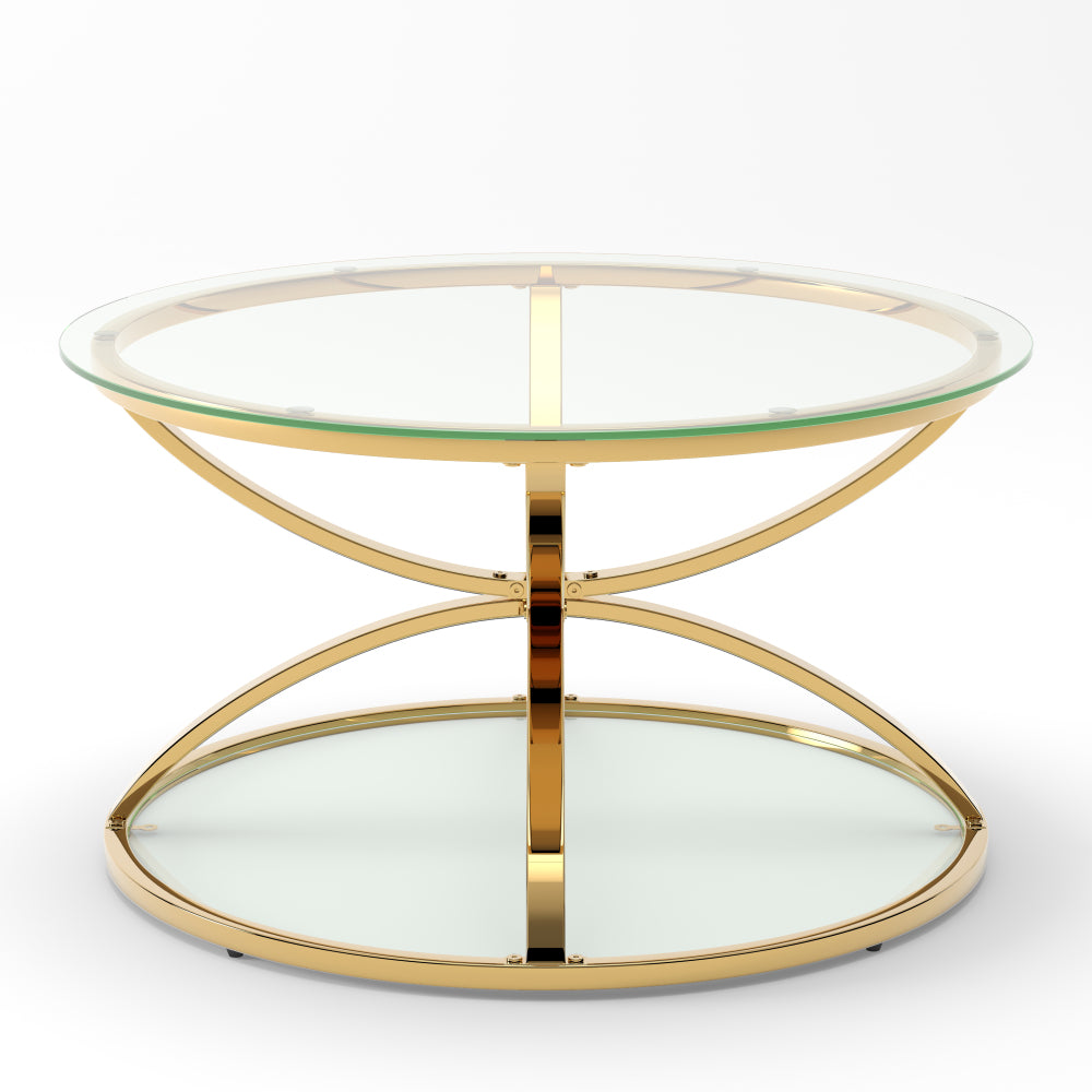 31.5’’ Modern Round Glass Coffee Table, 2-Tier Gold Metal Frame with Clear Tempered Glass, Ring-Shaped Design, Easy Assembly Center Table for Living Room, Bedroom, Office