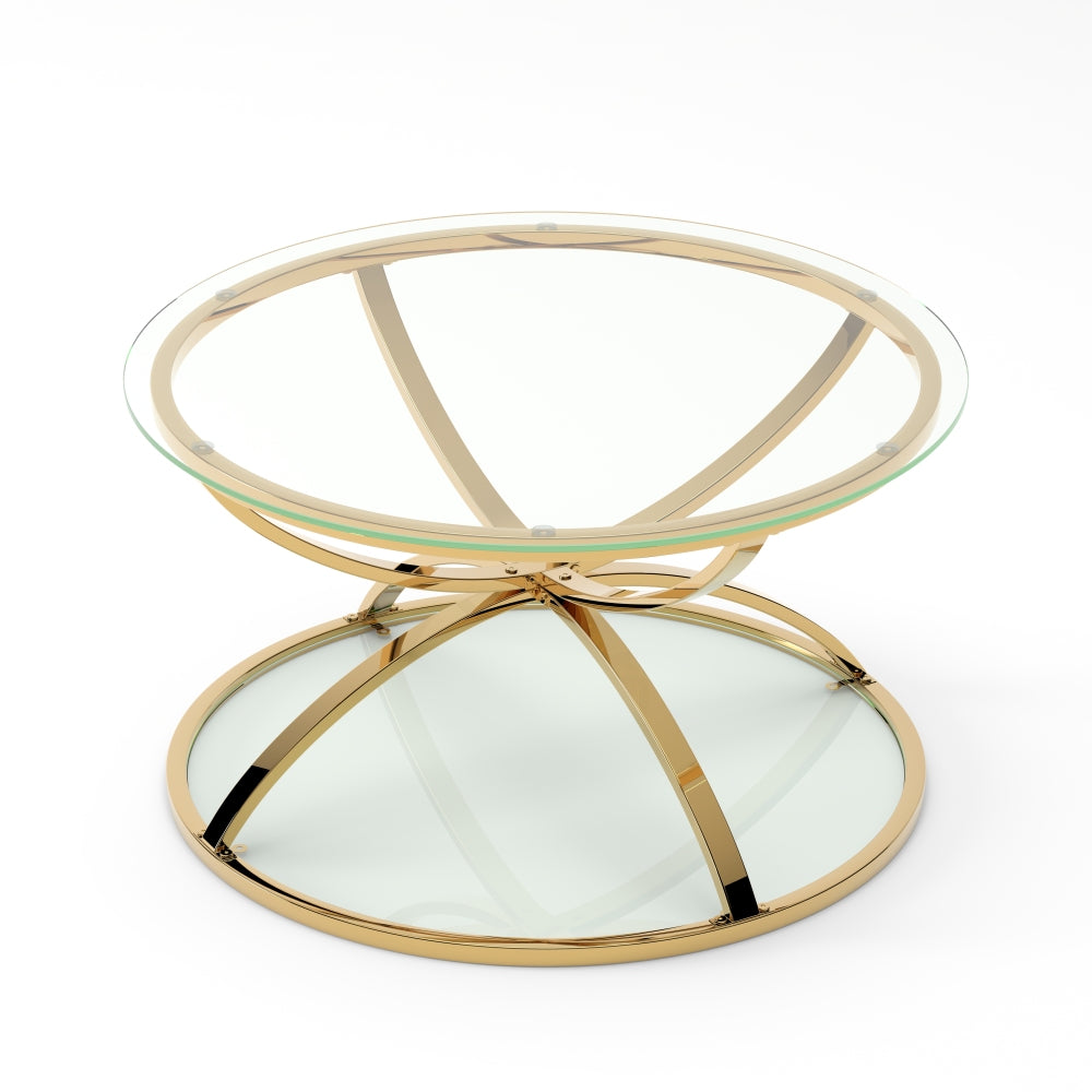 31.5’’ Modern Round Glass Coffee Table, 2-Tier Gold Metal Frame with Clear Tempered Glass, Ring-Shaped Design, Easy Assembly Center Table for Living Room, Bedroom, Office