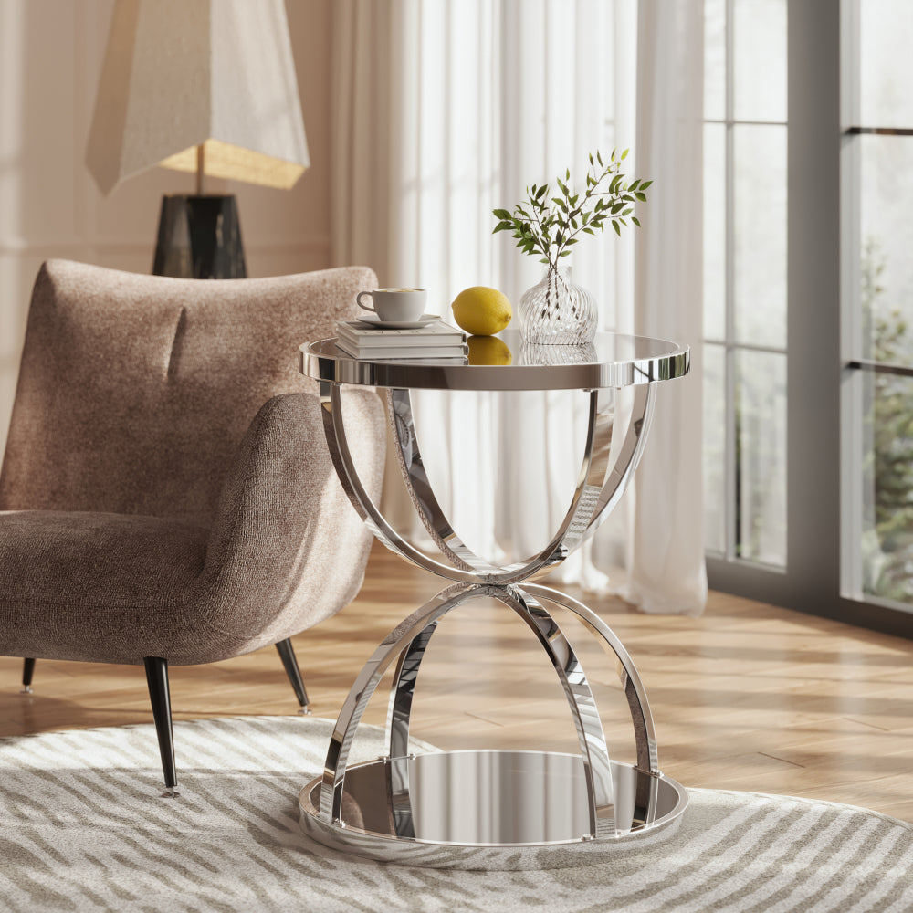 19.69" Modern Glass Side Table with 2 Tiers, Round Coffee Table in Silver & Gray Tempered Glass, Ring-Shaped Chrome Frame, End Table for Living Room, Bedroom, Office