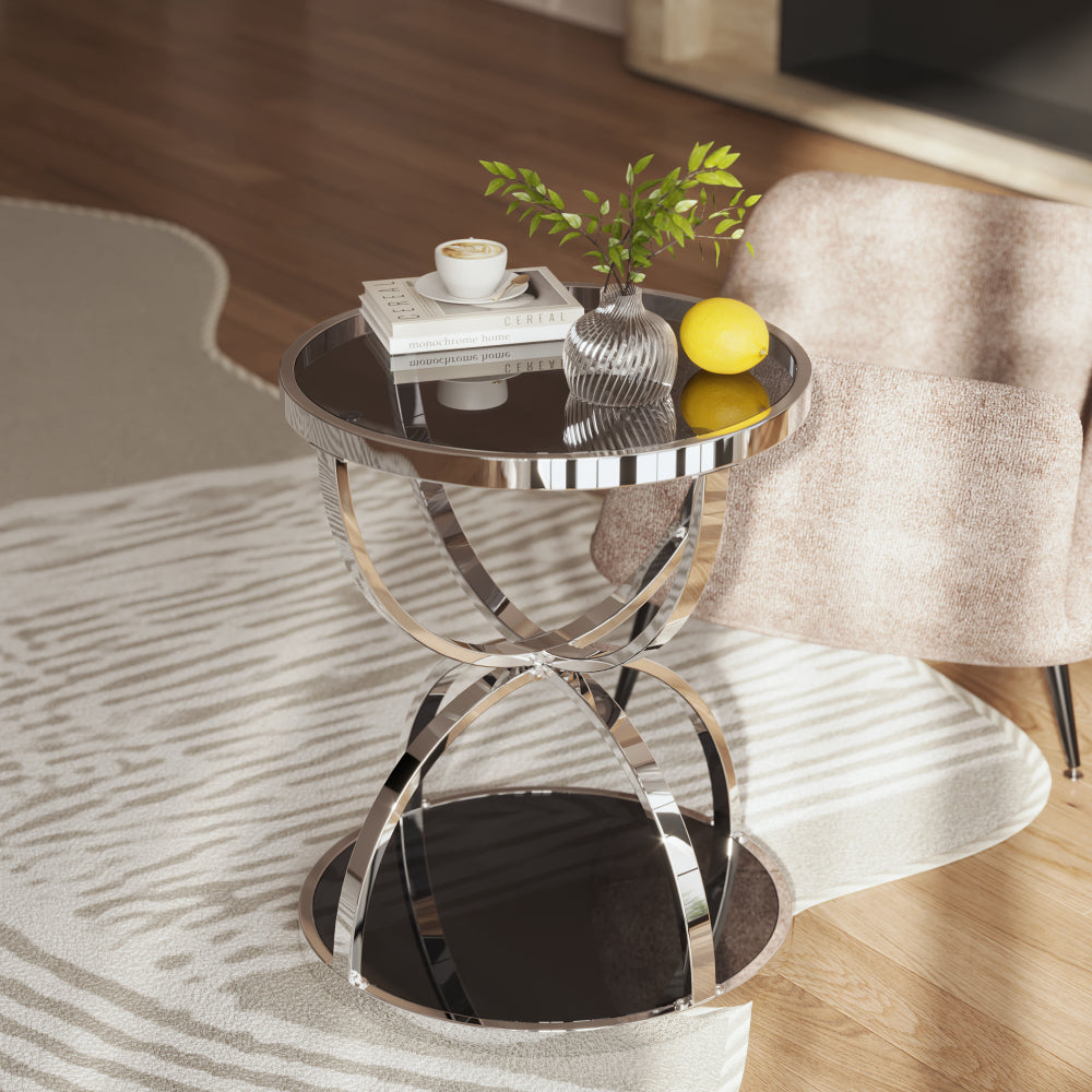 19.69" Modern Glass Side Table with 2 Tiers, Round Coffee Table in Silver & Gray Tempered Glass, Ring-Shaped Chrome Frame, End Table for Living Room, Bedroom, Office