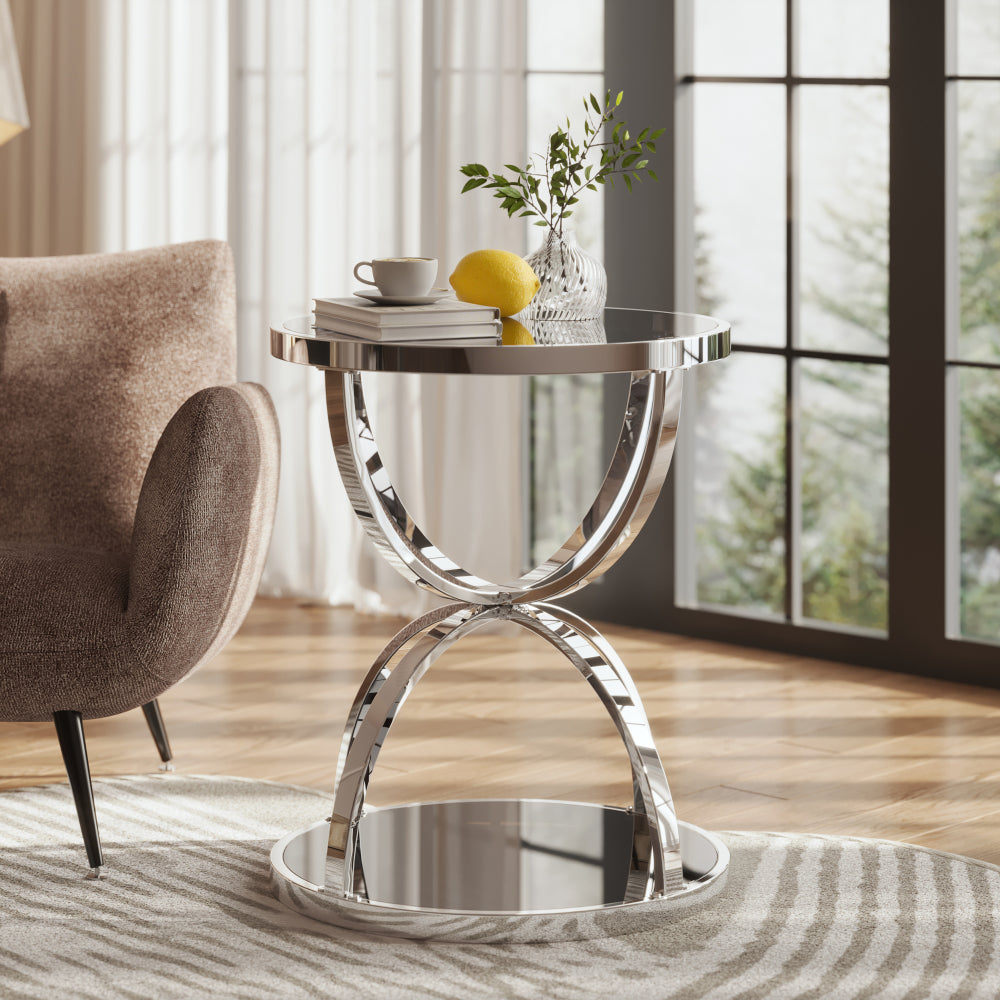 19.69" Modern Glass Side Table with 2 Tiers, Round Coffee Table in Silver & Gray Tempered Glass, Ring-Shaped Chrome Frame, End Table for Living Room, Bedroom, Office