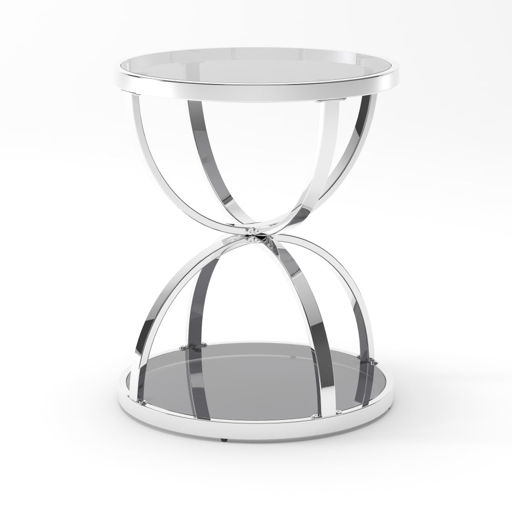 19.69" Modern Glass Side Table with 2 Tiers, Round Coffee Table in Silver & Gray Tempered Glass, Ring-Shaped Chrome Frame, End Table for Living Room, Bedroom, Office