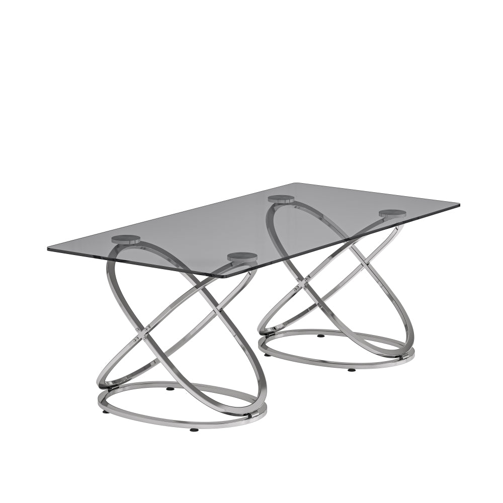 31.5'' Modern Rectangle Glass Coffee Table with Ring-Shaped Frames, Chrome Finish & Gray Tempered Glass, Luxury Center Table for Living Room, Bedroom, Office, Silver